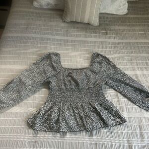 SHEIN Black and White Smocked Peplum Long-Sleeve Top